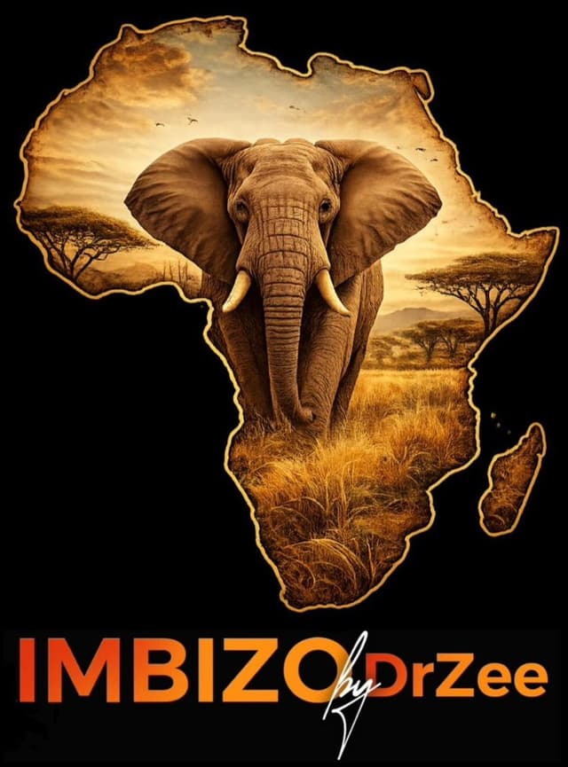IMBIZO by DrZee Logo: African continent silhouette containing a majestic elephant at savanna sunset
